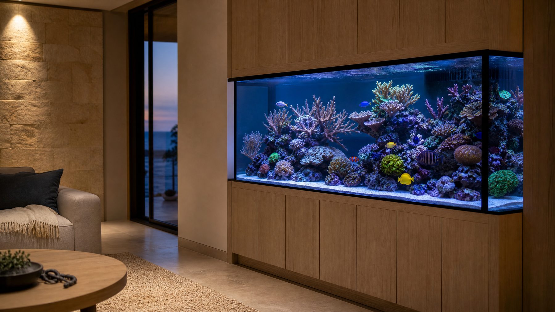 A refined saltwater aquarium integrated into a calm home setting